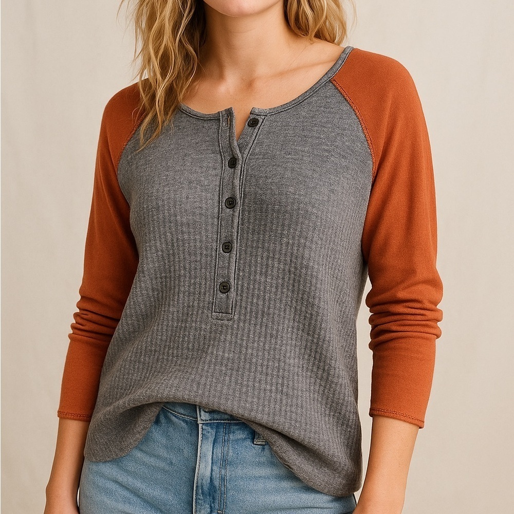 WE THE FREE People Raglan Sleeve Waffle Knit Color block Two Tone Henley Shirt